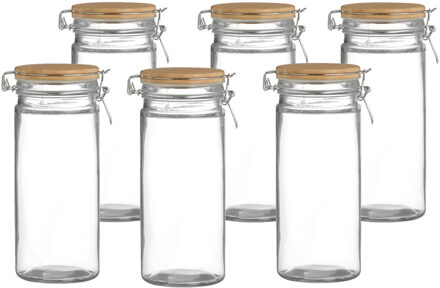 Urban Living Voorraadpot/bewaarpot - 6x - 1,3L - glas - met beugelsluiting - bamboe deksel