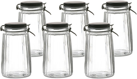 Urban Living Voorraadpot/bewaarpot - 6x - 1,8L - glas - met beugelsluiting - mat zwarte deksel