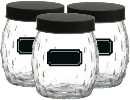 Urban Living Voorraadpot/bewaarpot Mora - 6x - 1.2L - glas - zwart - incl. etiketten