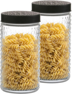 Urban Living Voorraadpot/bewaarpot Roma - 2x - 1.5L - glas - zwart - draai deksel - D12 x H22 cm