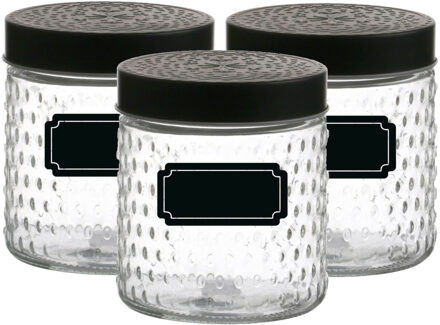 Urban Living Voorraadpot/bewaarpot Roma - 6x - 500 ml - glas - zwart - incl. etiketten