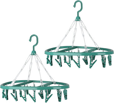 Urban Living Wasgoed droogcarrousel/droogmolen - 2x - 20 clips/knijpers - groen - kunststof - 30 x 42 cm - Hangdroogrek