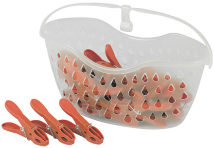 Urban Living Wasknijpers in hangmandje - 24x - rood - kunststof - 21 x 13 cm