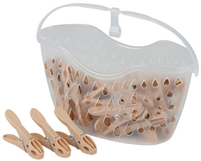 Urban Living Wasknijpers in hangmandje - 24x - taupe - kunststof - 21 x 13 cm