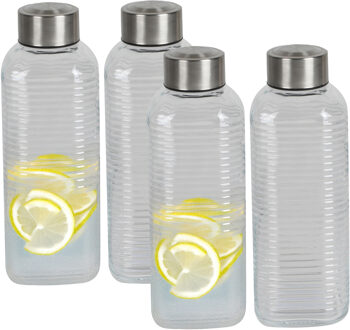 Urban Living Waterfles/drinkfles Vertigo - 4x - glas - transparant - met RVS dop - 750 ml