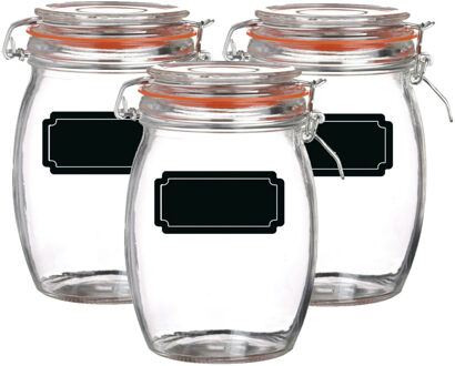 Urban Living Weckpot/inmaakpot - 4x - 1L - glas - met beugelsluiting - incl. etiketten - Weckpotten Transparant