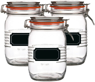 Urban Living Weckpot/inmaakpot - 4x - 1L - glas - met beugelsluiting - incl. etiketten - Weckpotten Transparant