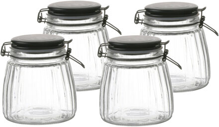 Urban Living Weckpot/inmaakpot - 4x - 1L - glas - met beugelsluiting - mat zwarte deksel