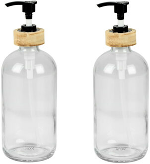 Urban Living Zeeppompje/zeepdispenser van glas/bamboe - 2x - transparant - 0.5 liter - 21 cm