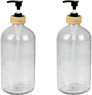 Urban Living Zeeppompje/zeepdispenser van glas/bamboe - 2x - transparant - 1 liter - 24 cm