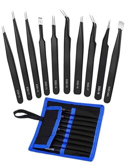 Urijk 6/10Pcs Pincet Gereedschap Kit ESD Precisie Antistatische Tip Gebogen Straight Roestvrijstalen Pincet Nipper Reparatie Tool 9stk met zak