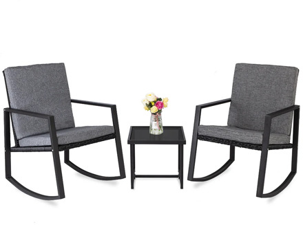 【US Warehouse】3 PCS Rocking Chairs Set Outdoor Patio Furniture with Glass Coffee Table (Black) （Outdoor rattan sofa）