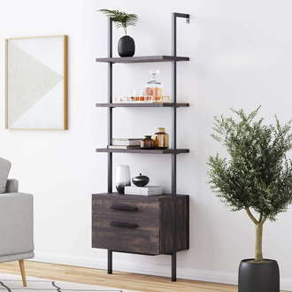 【US Warehouse】Industrial Bookshelf with Wood Drawers and Matte Steel Frame