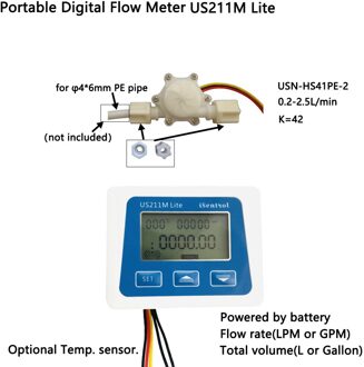 US211M Lite Digitale Flowmeter En USN-HS41PE-2 0.2-2.5LPM Hall Effect Sensor Totale Volume En Debiet Display whole reeks