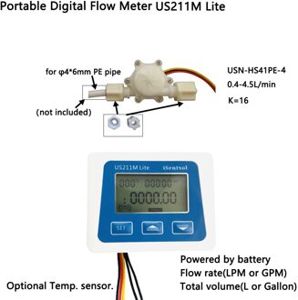 US211M Lite Digitale Flowmeter En USN-HS41PE-4 0.4-4.5LPM Hall Effect Sensor Totale Volume En Debiet Display whole reeks