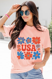 USA Bloemenprint T-shirt Koraal