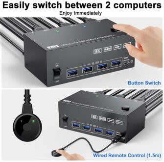 USB 3.0 KVM Switcher Three Input Two Output Dual Monitor Switcher Support 8K@30Hz 4K@144Hz USB 3.0 Displayport with Wired Remote and 4 Cables Included Compatible with Mac/Windows/Linux