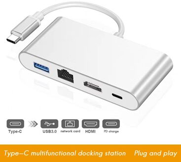 Usb C Hub 4 In 1 Type-C Docking Station Hdmi-Compatibel + USB3.0 + Pd + RJ45 usb C Splitter Voor Pc Laptop