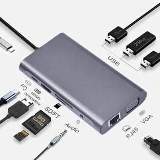 Usb C Hub Docking Station Type C Adapter Usb 3.0 4K Hdmi-Compatibel Vga RJ45 10/11 In 1 converter Voor Macbook Pro Thunderbolt 3 10 in1 hub