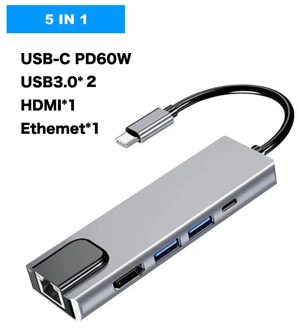 Usb C Hub Multipoort Adapter Met USB3.0 Pd Charger 4Khdmi RJ45 Ethernet Netwerk Adapter Voor Macbook Pro & Type C Windows Laptops 5in1 rj45 100M