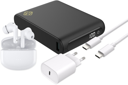 USB-C PD Powerbank 20.000mAh + Draadloze Oordopjes met Active Noise Cancelling + Power Delivery USB-C Oplader 20W + USB-C naar USB-C Kabel - 75cm