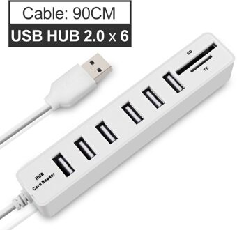 Usb Hub 3/6 Poort Expander Usb 2.0/3.0 Hub Multi Usb Splitter Meerdere Usb 2.0/3.0 Combo Usb-Hub Tf/Sd Kaartlezer Voor Pc Laptop 2.0 wit 6P 90cm
