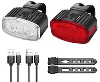 USB Oplaadbare Fietsverlichting Set Voorste Achterste LED Fietslicht USB Koplamp Fietsachterlicht - Rood+Wit Set - 2 Stu.