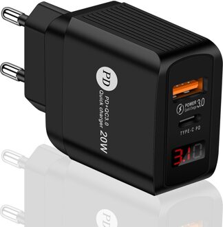 Usb Type C Lader Voor Iphone Huawei Samsung Xiaomi 20W Quick Charge 3.0 Qc Pd USB-C Digitale Display Snelle charg Usb Charger EU plug zwart