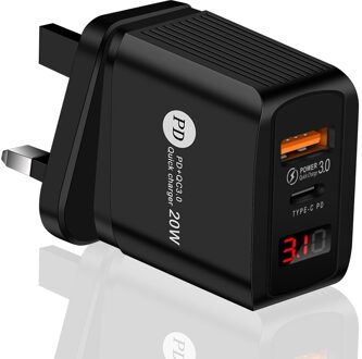 Usb Type C Lader Voor Iphone Huawei Samsung Xiaomi 20W Quick Charge 3.0 Qc Pd USB-C Digitale Display Snelle charg Usb Charger UK plug zwart
