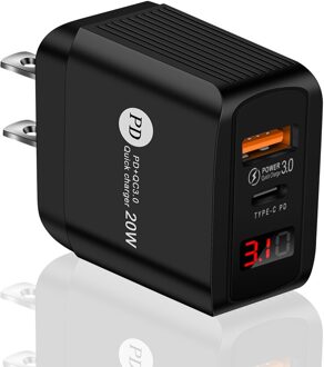 Usb Type C Lader Voor Iphone Huawei Samsung Xiaomi 20W Quick Charge 3.0 Qc Pd USB-C Digitale Display Snelle charg Usb Charger US plug zwart