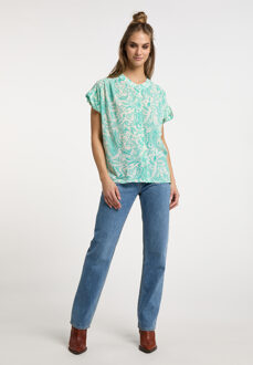 Usha blouse met korte mouwen Dames Turkoois gebroken wit Turquoise