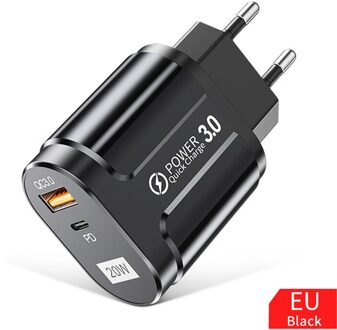 Uslion 20W Usb Pd Quick Charger QC3.0 Usb Snel Opladen Voor Iphone Xiaomi Samsung De Telefoon Mobiele Usb Lading adapter Eu Us Plug zwart EU plug
