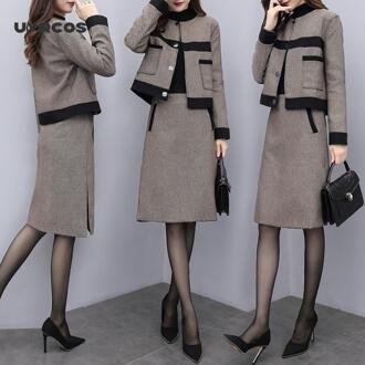 Uvrcos Herfst Vrouwen Trainingspakken Outfits Femenino Jas Jas + Rok 2 Tweedelige Set Vrouwelijke Vintage Wollen Suits Sets Kleding XL