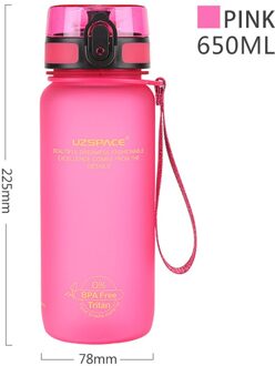 Uzspace Sport Water Fles 650ml-1l Eco Friendly & Bpa-vrij Plastic-Snelle Waterstroom, flip Top Opent Met Een Klik-Herbruikbare Roze