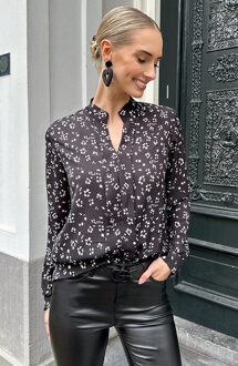 V-hals Bloemen Blouse Zwart Wit