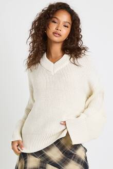 V-Hals Chunky Gebreide Trui, Cream - L