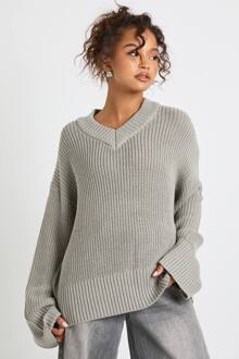 V-Hals Chunky Gebreide Trui, Grey - L