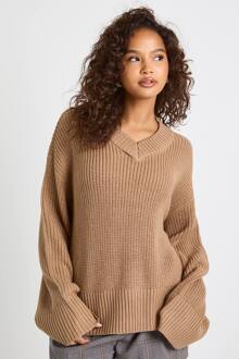 V-Hals Chunky Gebreide Trui, Taupe - M