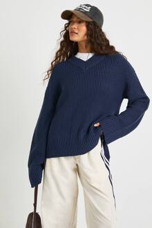 V-Hals Dikke Gebreide Trui, Navy - L
