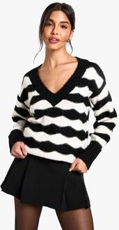 V-Hals Gestreepte Oversized Gebreide Trui, Mono - S
