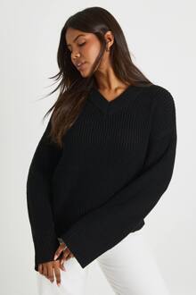 V-Hals Grofgebreide Trui, Black - L