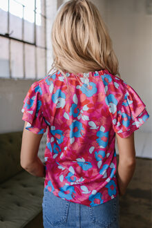 V-hals Korte Mouwen Bloemen Top Stoffig Roze