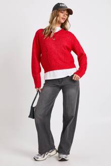 V-Hals Oversized Gebreide Trui Met Zakdetail, Red - S
