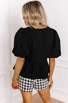 V-hals Peplum Top met Pofmouwen Zwart
