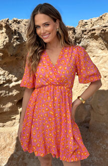 V-hals Pofmouw Leopard Jurk Oranje Lila