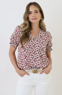 V-hals Pofmouw Top Rozen Print Ecru