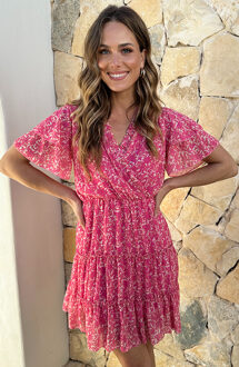 V-hals Ruffle Jurk Print Roze