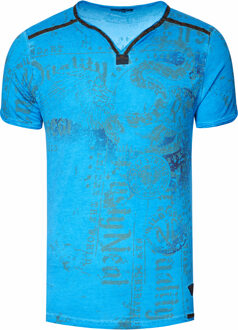 V-hals T-shirt met prints en suède Details - maat XL Blauw