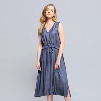 V-hals verstelbare taille midi-jurk - maat Blauw