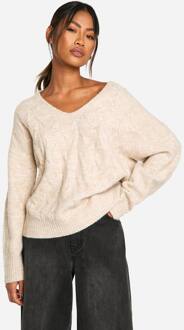 V-Hals Zachte Gebreide Kabeltrui, Ecru Marl - S